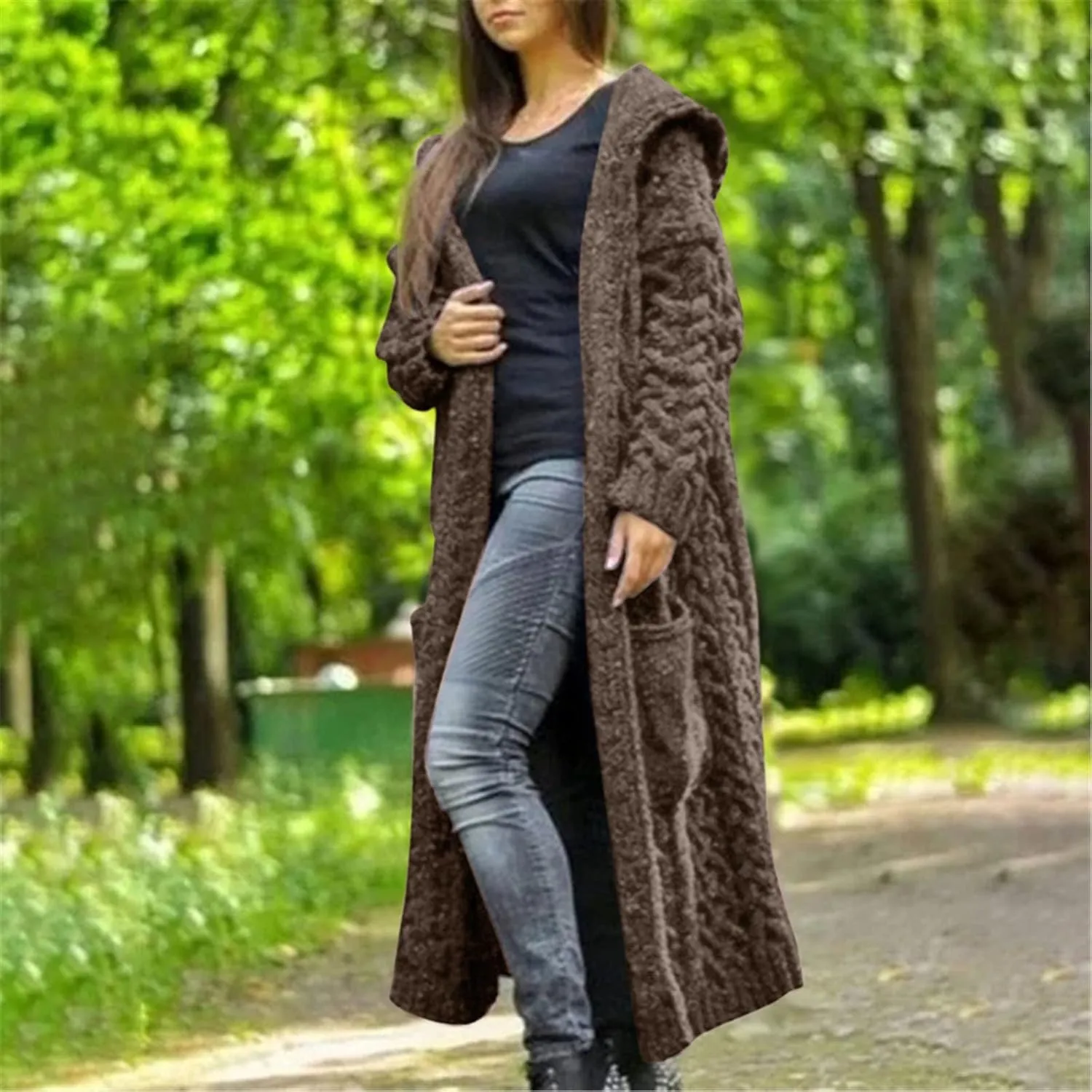 Womens Long Cardigan Sweaters Open Front Oversize Casual Cable Knit Hoodies Long Sleeve Fashion Winter Coats Pockets