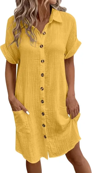 Women's Maxi Dress 2025 Summer Casual Loose Trendy V-Neck Short Sleeve Solid Linen Button Shirt Dresses, S-2XL