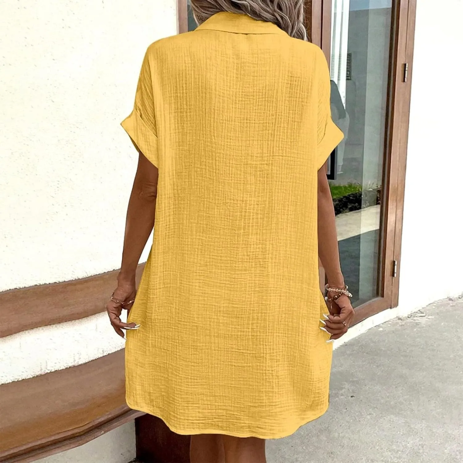 Women's Maxi Dress 2025 Summer Casual Loose Trendy V-Neck Short Sleeve Solid Linen Button Shirt Dresses, S-2XL