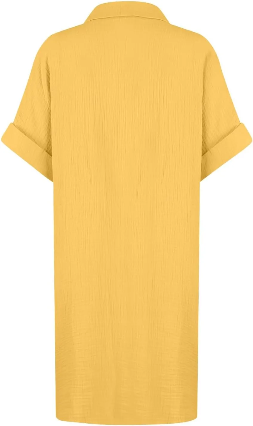 Women's Maxi Dress 2025 Summer Casual Loose Trendy V-Neck Short Sleeve Solid Linen Button Shirt Dresses, S-2XL