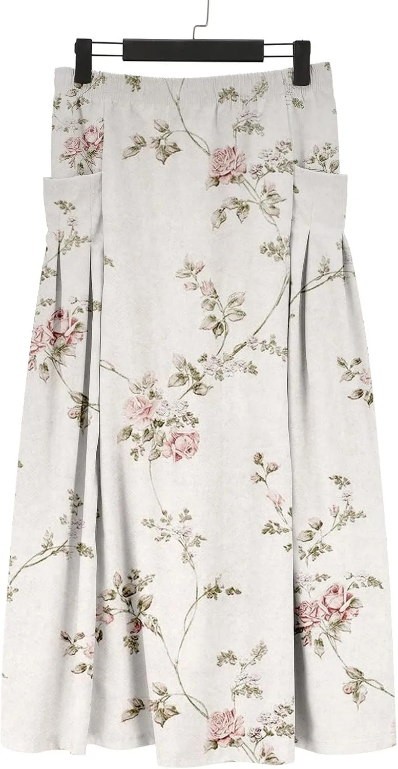 Womens Maxi Linen Skirts Causal Summer Baggy Elastic Waist Beach Skirt Boho Floral Print Long Skirts with Pockets