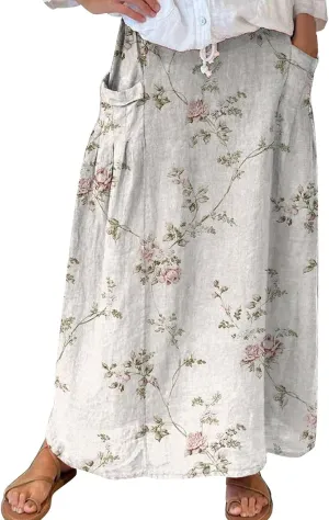 Womens Maxi Linen Skirts Causal Summer Baggy Elastic Waist Beach Skirt Boho Floral Print Long Skirts with Pockets