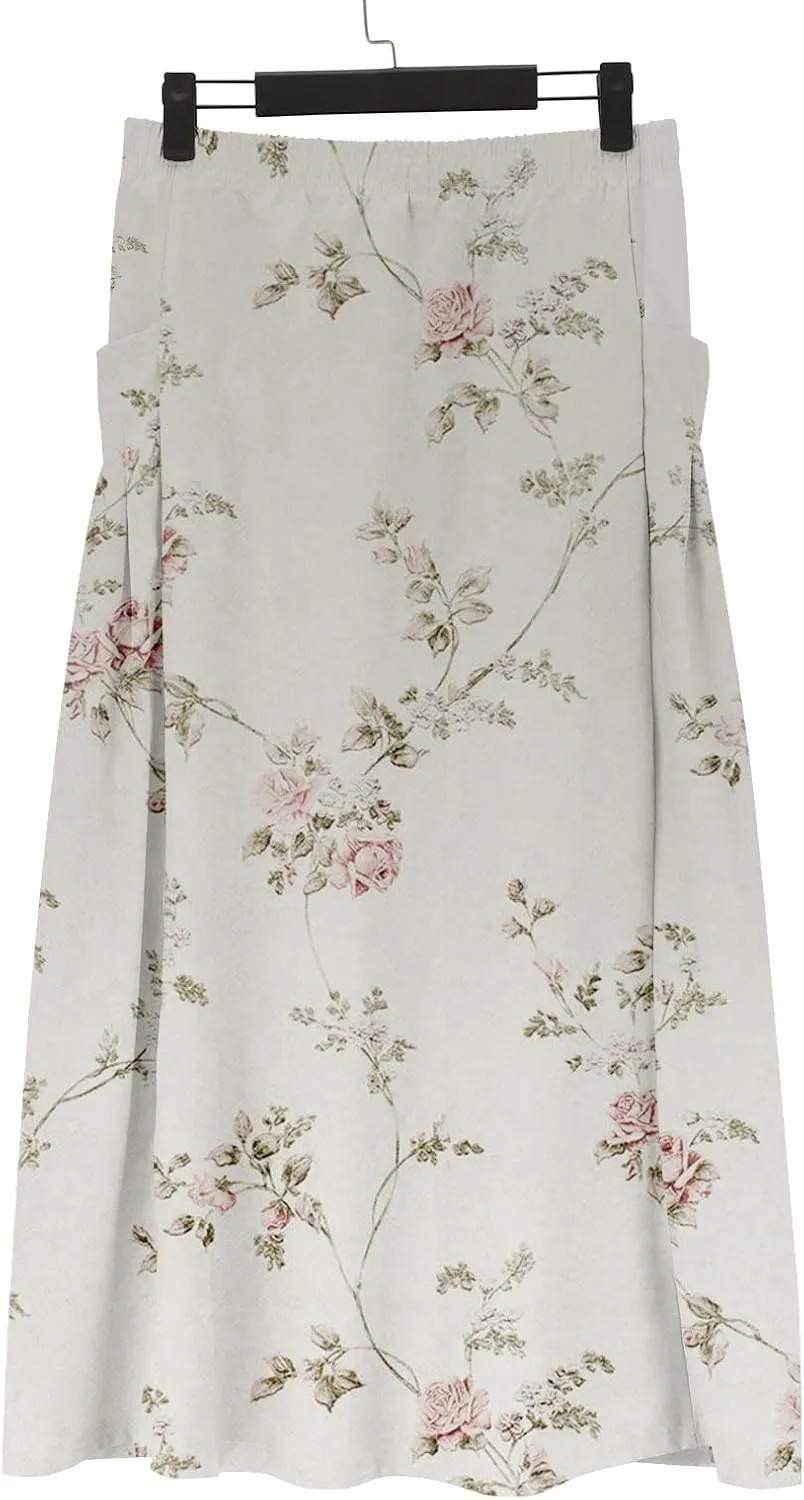 Womens Maxi Linen Skirts Causal Summer Baggy Elastic Waist Beach Skirt Boho Floral Print Long Skirts with Pockets