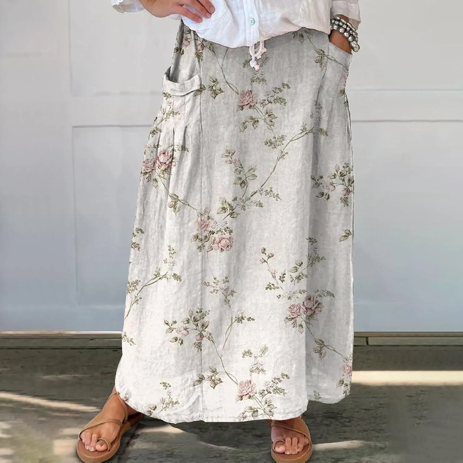 Womens Maxi Linen Skirts Causal Summer Baggy Elastic Waist Beach Skirt Boho Floral Print Long Skirts with Pockets