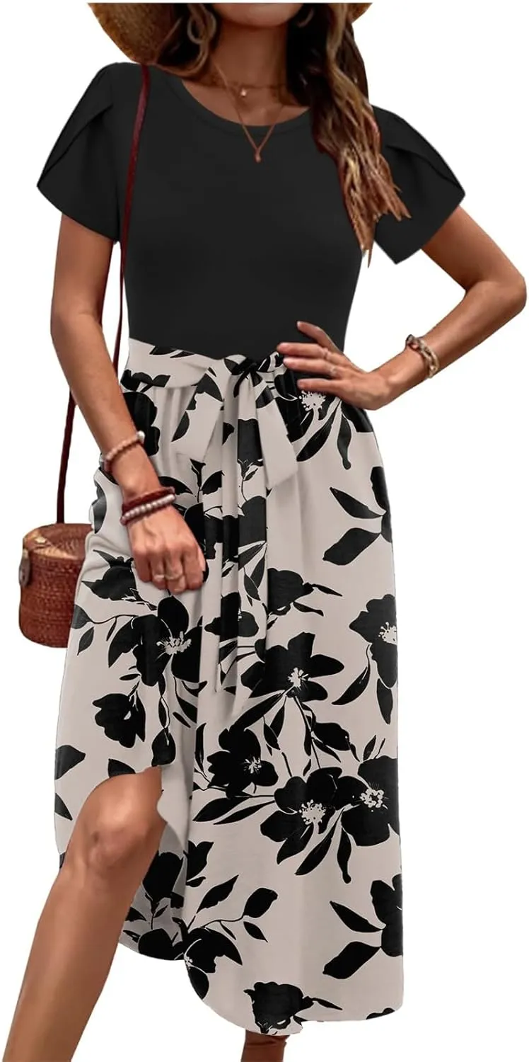 Womens Midi Dress Summer Short Sleeve Dress with Pockets 2025 Casual Floral T-Shirt Dress Flowy Beach Sundress