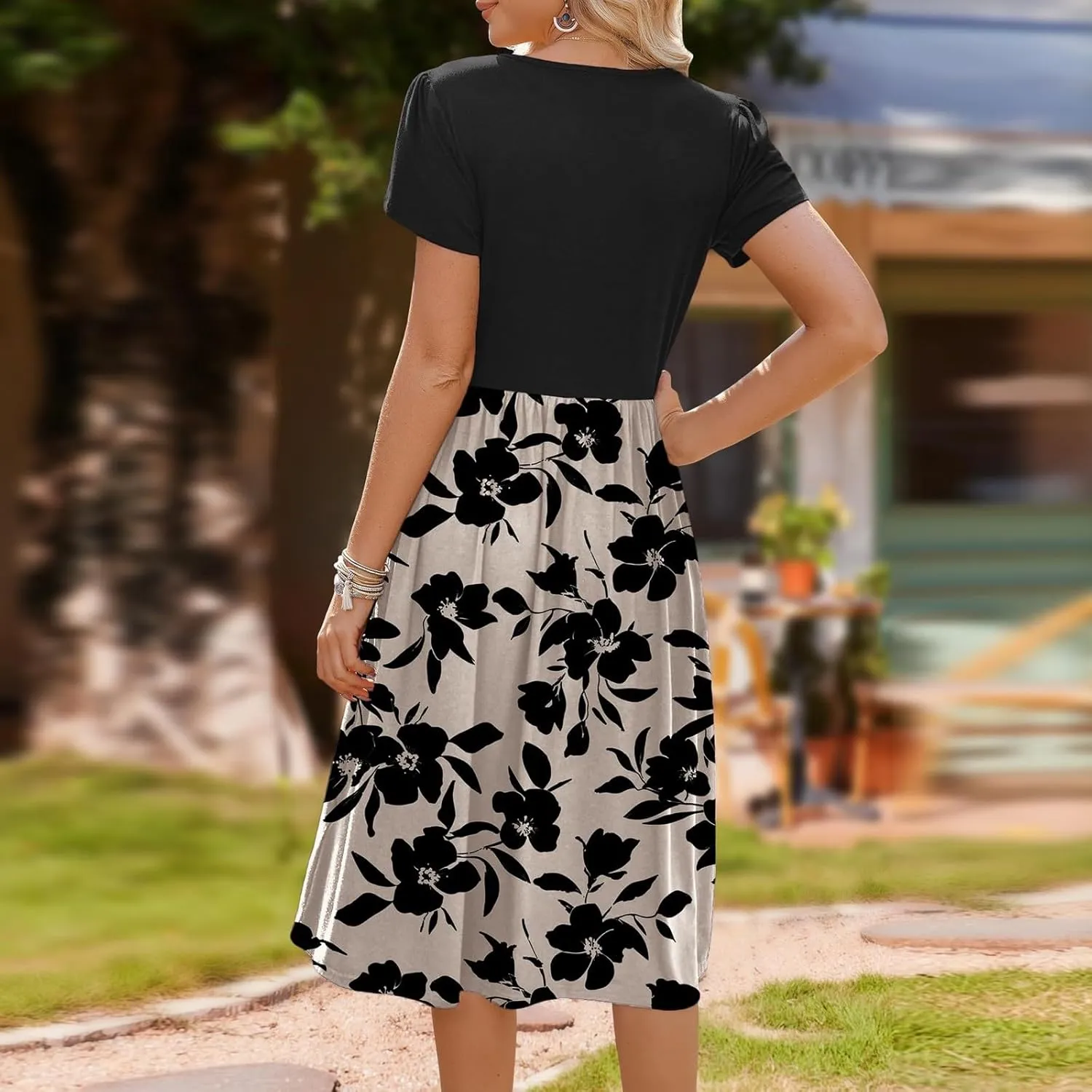 Womens Midi Dress Summer Short Sleeve Dress with Pockets 2025 Casual Floral T-Shirt Dress Flowy Beach Sundress