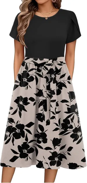 Womens Midi Dress Summer Short Sleeve Dress with Pockets 2025 Casual Floral T-Shirt Dress Flowy Beach Sundress