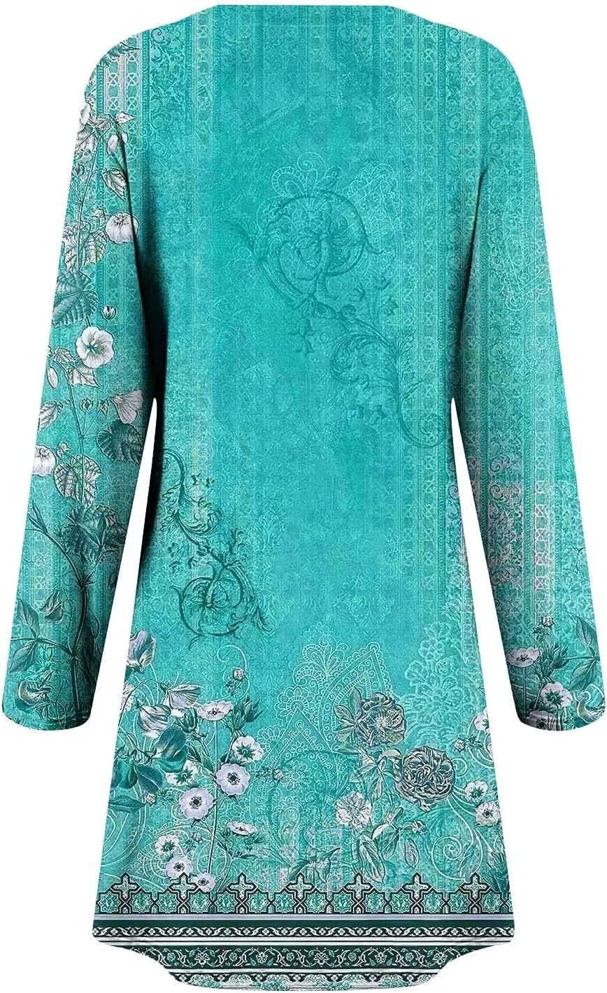 Womens Mini Dresses Casual Summer Beach Dress Vintage Boho Floral Long Sleeve Round Neck Flowy A Line Sun Dresses