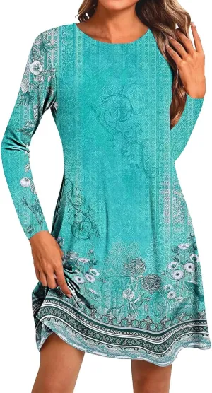 Womens Mini Dresses Casual Summer Beach Dress Vintage Boho Floral Long Sleeve Round Neck Flowy A Line Sun Dresses