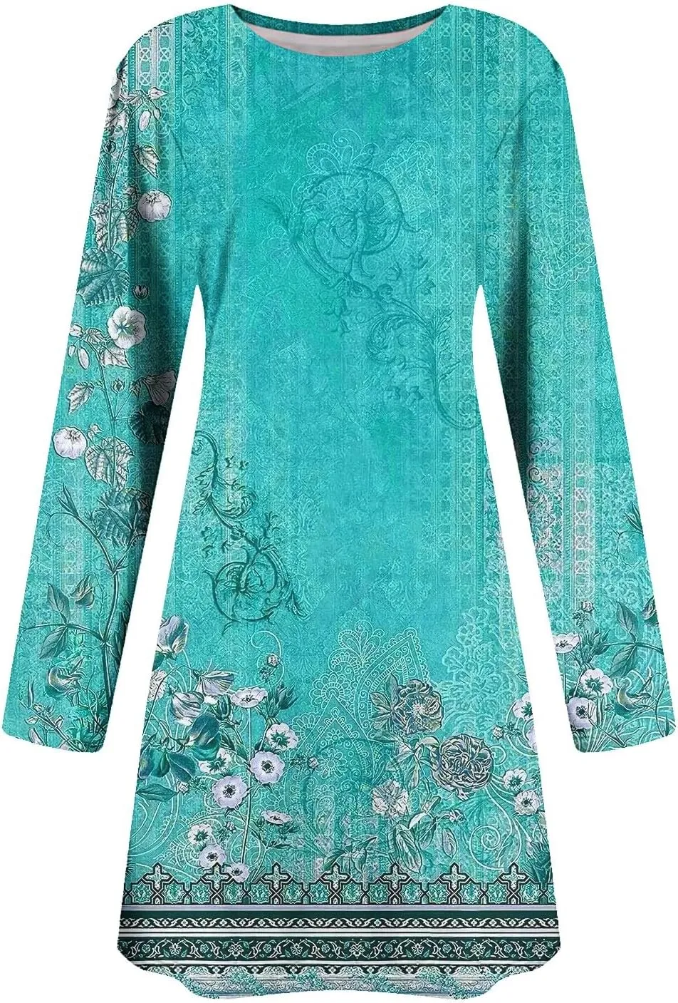 Womens Mini Dresses Casual Summer Beach Dress Vintage Boho Floral Long Sleeve Round Neck Flowy A Line Sun Dresses