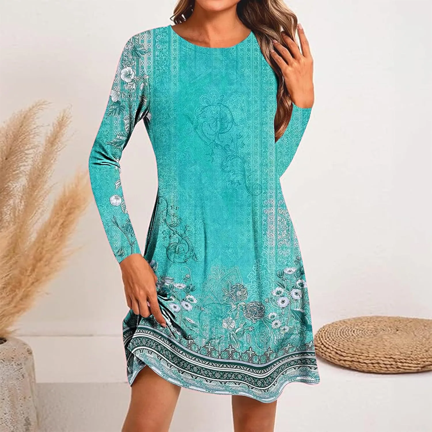 Womens Mini Dresses Casual Summer Beach Dress Vintage Boho Floral Long Sleeve Round Neck Flowy A Line Sun Dresses