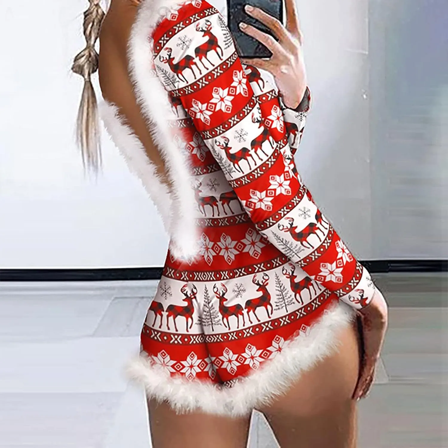 Women's One-Piece Pajamas Sexy Deep V-Neck Backless Dress Funny Christmas Long Sleeve Jumpsuit Romper Bodysuit Nightwear