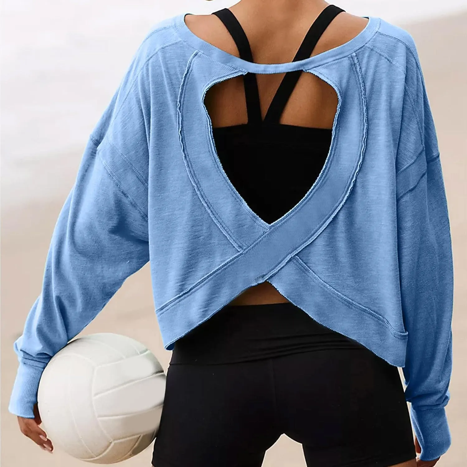 Womens Open Back Workout Tshirts Casual Solid Backless Sweatshirt Trendy Round Neck Pullover Top Loose Crop Gym Tee