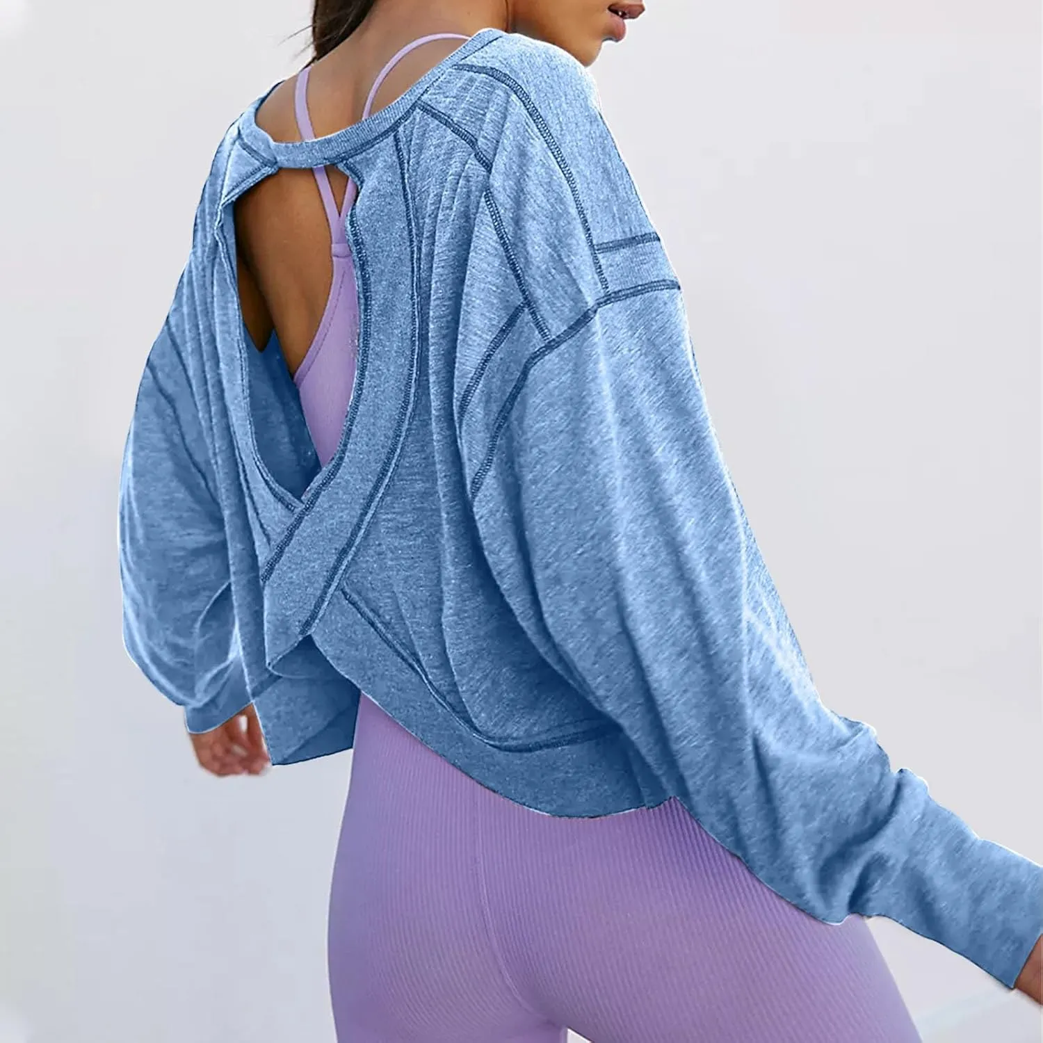 Womens Open Back Workout Tshirts Casual Solid Backless Sweatshirt Trendy Round Neck Pullover Top Loose Crop Gym Tee