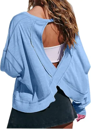 Womens Open Back Workout Tshirts Casual Solid Backless Sweatshirt Trendy Round Neck Pullover Top Loose Crop Gym Tee