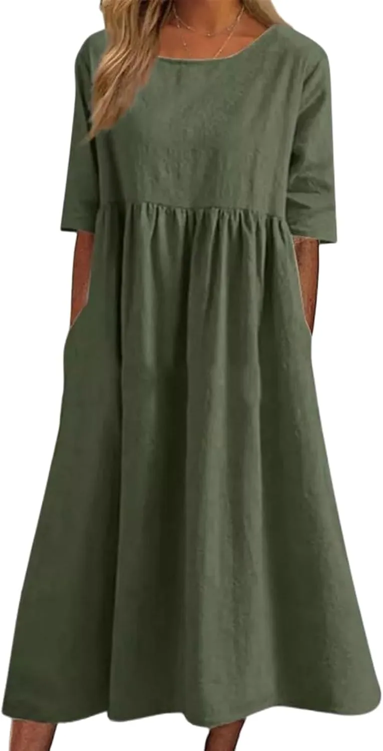Womens Oversized Baggy Flowy Cotton Linen Maxi Dresses Summer Beach Short Sleeve Round Neck Pleated Dress Sundress