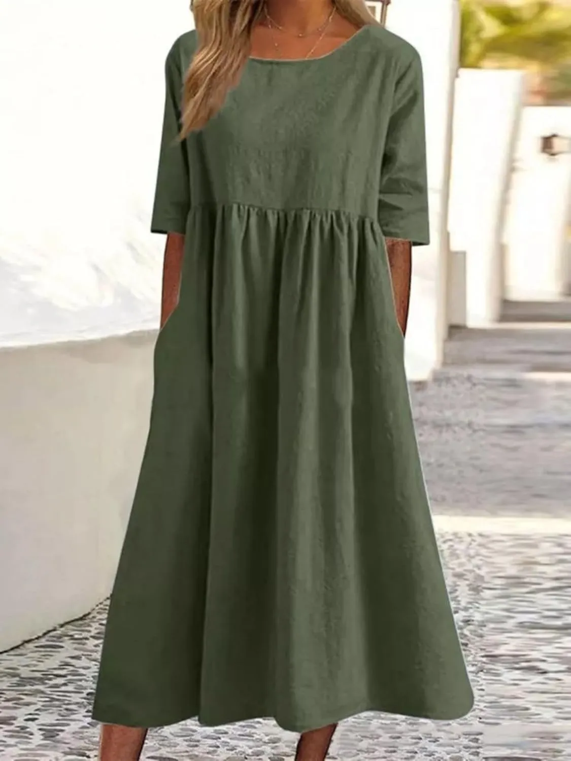 Womens Oversized Baggy Flowy Cotton Linen Maxi Dresses Summer Beach Short Sleeve Round Neck Pleated Dress Sundress