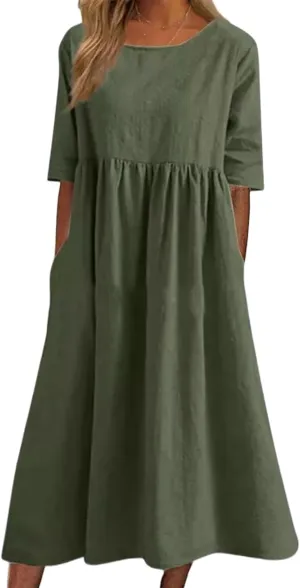 Womens Oversized Baggy Flowy Cotton Linen Maxi Dresses Summer Beach Short Sleeve Round Neck Pleated Dress Sundress
