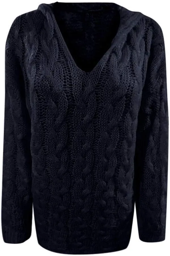 Women's Oversized Chunky Cable Knit Pullover Hooded Sweaters V Neck Long Sleeve Loose Hoodies