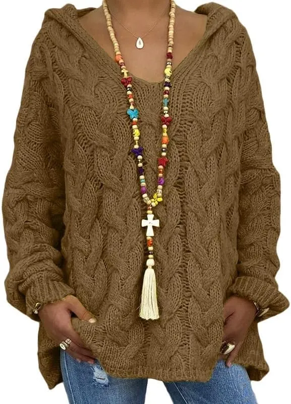 Women's Oversized Chunky Cable Knit Pullover Hooded Sweaters V Neck Long Sleeve Loose Hoodies