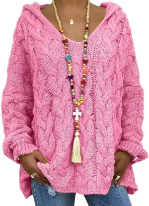 Women's Oversized Chunky Cable Knit Pullover Hooded Sweaters V Neck Long Sleeve Loose Hoodies