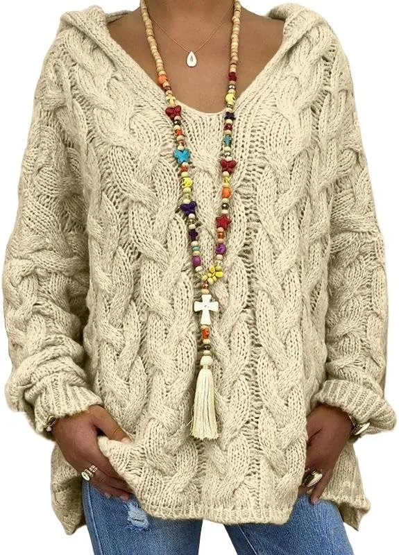 Women's Oversized Chunky Cable Knit Pullover Hooded Sweaters V Neck Long Sleeve Loose Hoodies