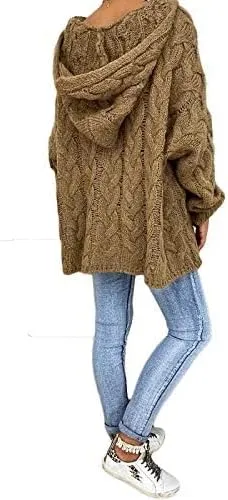 Women's Oversized Chunky Cable Knit Pullover Hooded Sweaters V Neck Long Sleeve Loose Hoodies