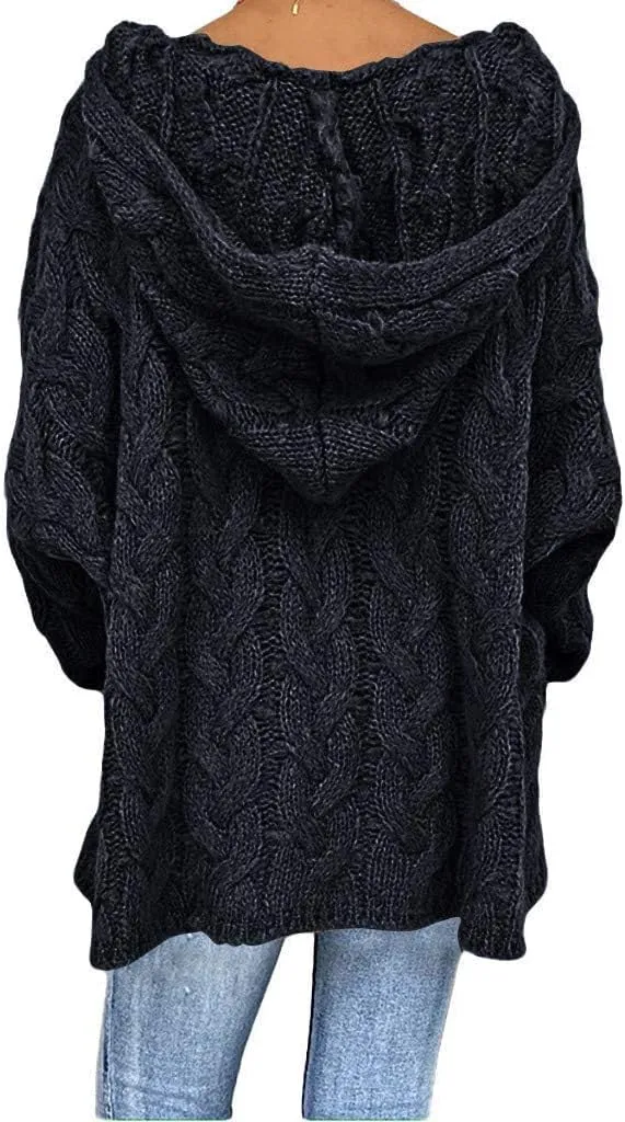 Women's Oversized Chunky Cable Knit Pullover Hooded Sweaters V Neck Long Sleeve Loose Hoodies