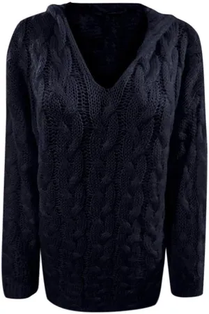 Women's Oversized Chunky Cable Knit Pullover Hooded Sweaters V Neck Long Sleeve Loose Hoodies