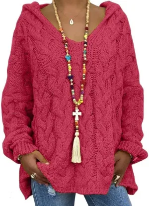 Women's Oversized Chunky Cable Knit Pullover Hooded Sweaters V Neck Long Sleeve Loose Hoodies