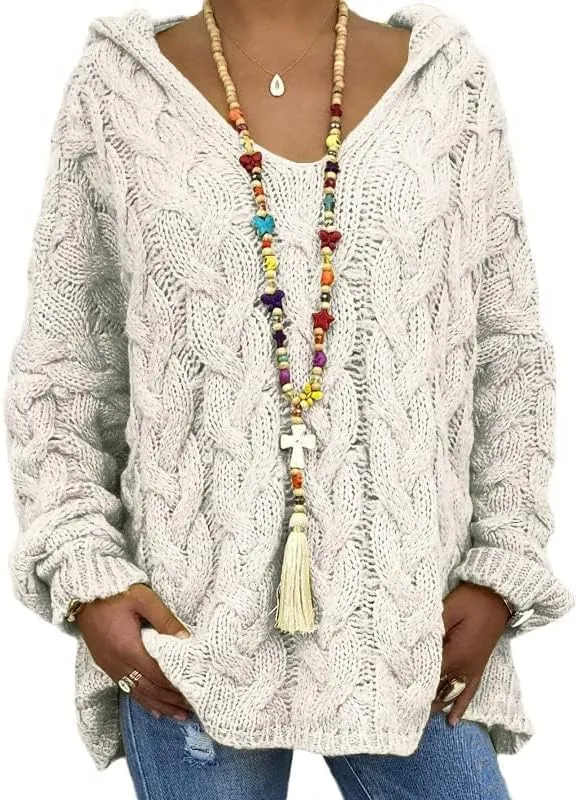 Women's Oversized Chunky Cable Knit Pullover Hooded Sweaters V Neck Long Sleeve Loose Hoodies