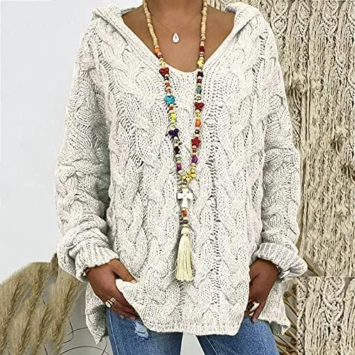 Women's Oversized Chunky Cable Knit Pullover Hooded Sweaters V Neck Long Sleeve Loose Hoodies