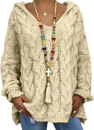 Women's Oversized Chunky Cable Knit Pullover Hooded Sweaters V Neck Long Sleeve Loose Hoodies