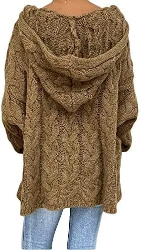 Women's Oversized Chunky Cable Knit Pullover Hooded Sweaters V Neck Long Sleeve Loose Hoodies