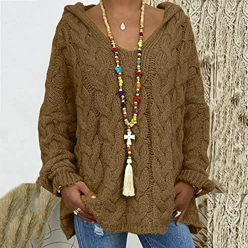 Women's Oversized Chunky Cable Knit Pullover Hooded Sweaters V Neck Long Sleeve Loose Hoodies