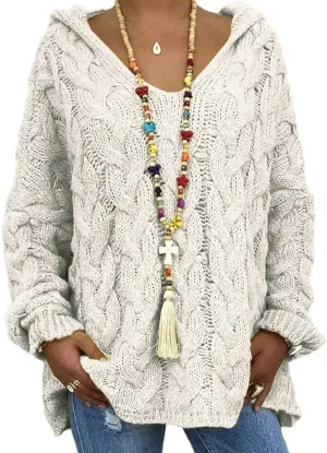 Women's Oversized Chunky Cable Knit Pullover Hooded Sweaters V Neck Long Sleeve Loose Hoodies