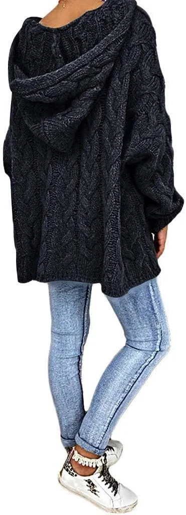 Women's Oversized Chunky Cable Knit Pullover Hooded Sweaters V Neck Long Sleeve Loose Hoodies
