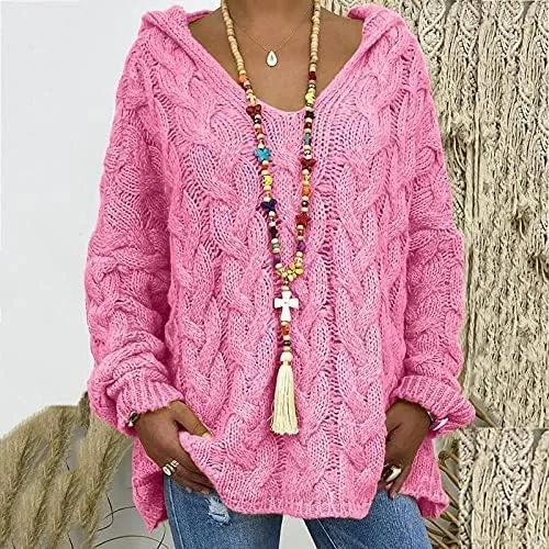 Women's Oversized Chunky Cable Knit Pullover Hooded Sweaters V Neck Long Sleeve Loose Hoodies