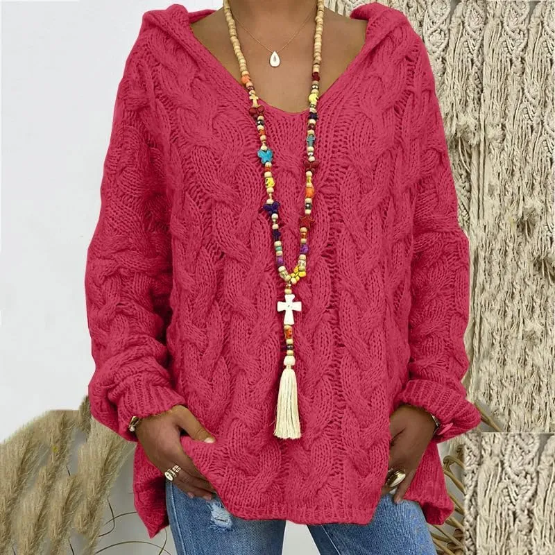 Women's Oversized Chunky Cable Knit Pullover Hooded Sweaters V Neck Long Sleeve Loose Hoodies