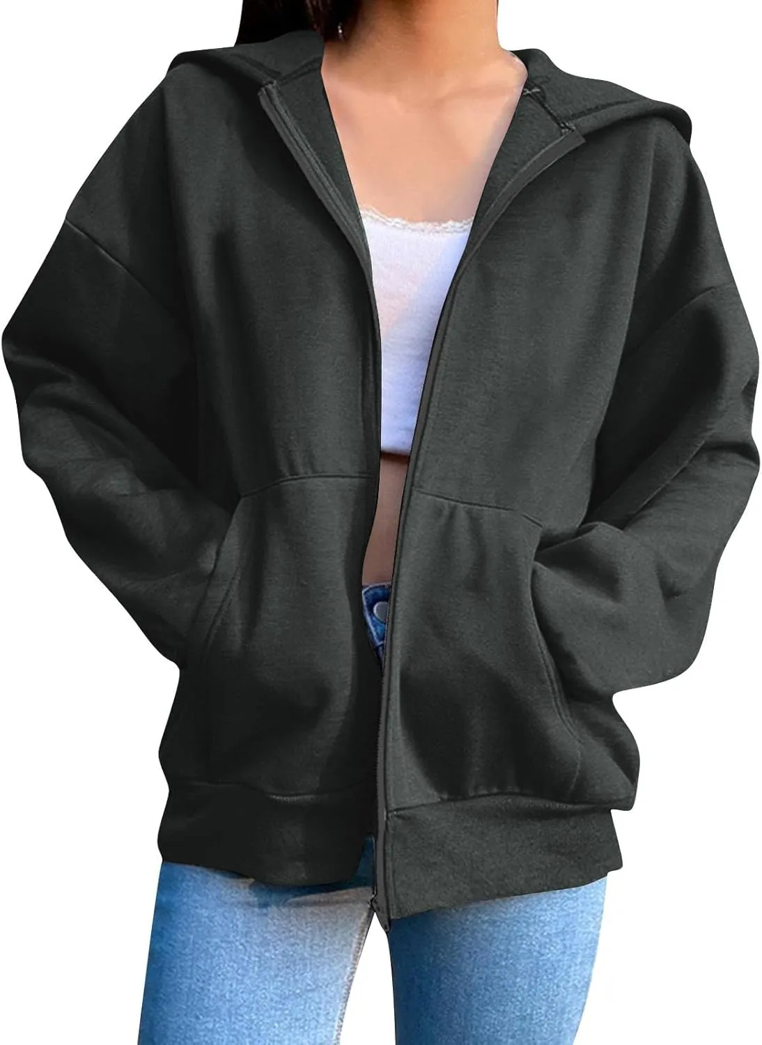Womens Oversized Hoodies Zip Up Y2k Fleece Sweatshirts Long Sleeve Sweaters Fall Outfits with Pockets Track Jackets