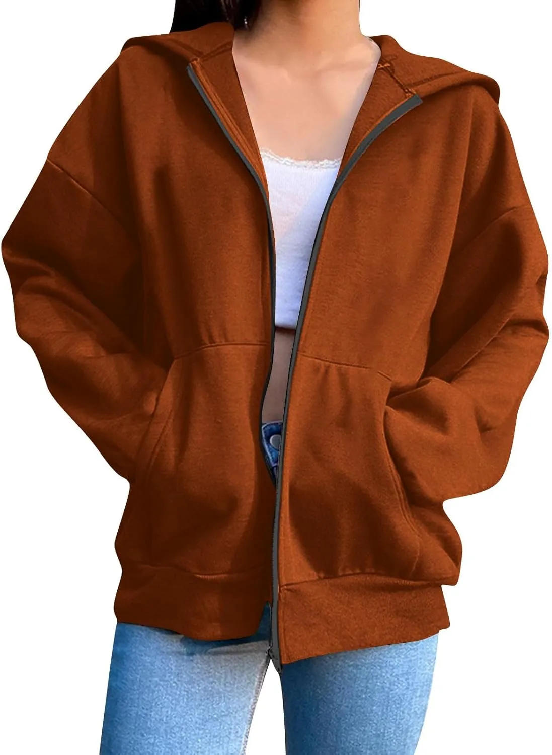 Womens Oversized Hoodies Zip Up Y2k Fleece Sweatshirts Long Sleeve Sweaters Fall Outfits with Pockets Track Jackets