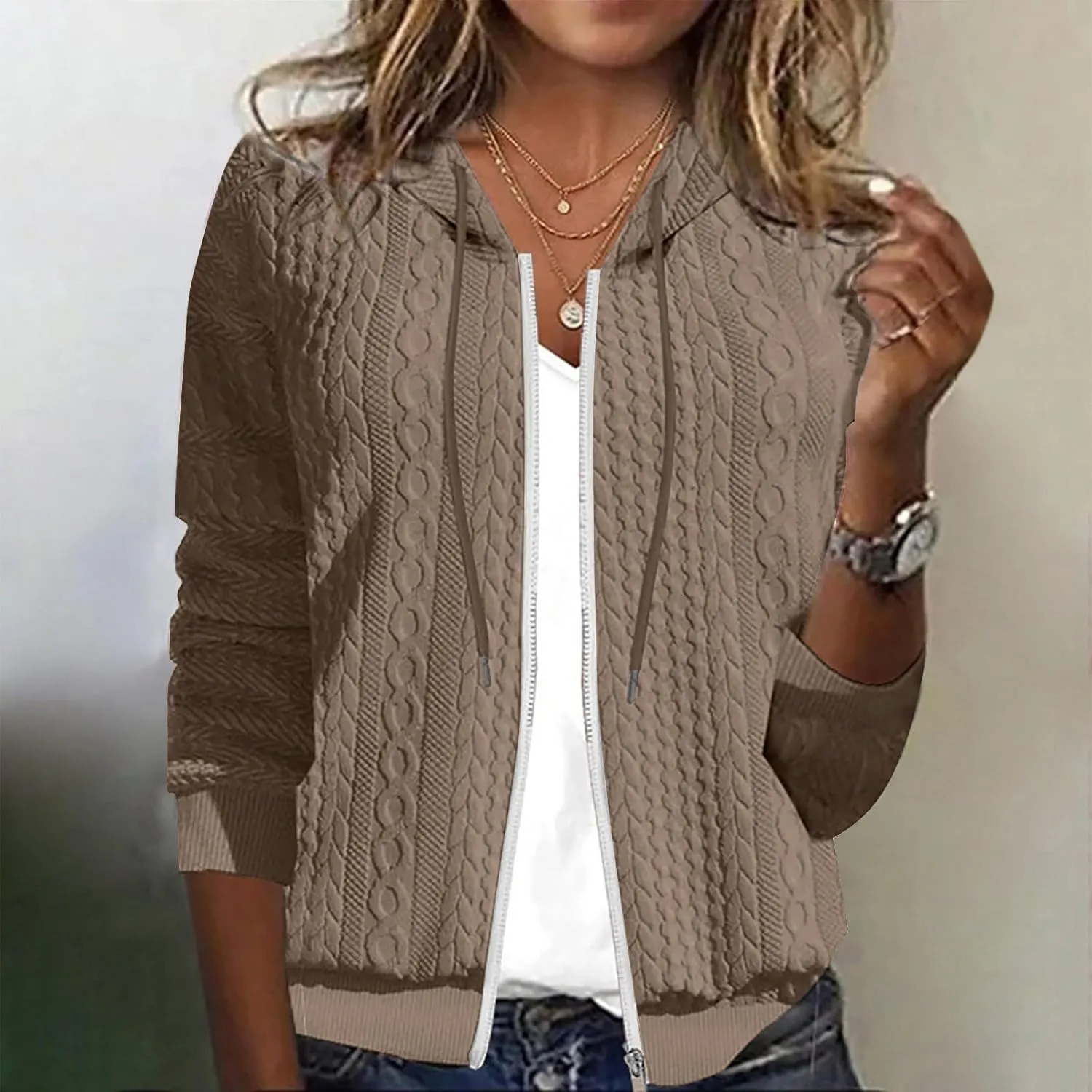 Women's Oversized Zip Up Hoodies Casual Loose Comfy Cardigan Cable Knit Fall Jackets Solid Color Hooded Sweatshirts