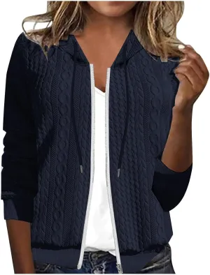 Women's Oversized Zip Up Hoodies Casual Loose Comfy Cardigan Cable Knit Fall Jackets Solid Color Hooded Sweatshirts
