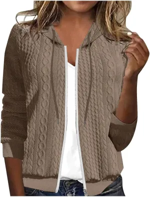Women's Oversized Zip Up Hoodies Casual Loose Comfy Cardigan Cable Knit Fall Jackets Solid Color Hooded Sweatshirts
