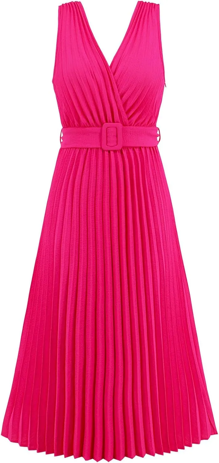 Womens Pleated Flowy Long Dress Belted A-Line Dress Summer Vacation Beach Long Dress Wedding Gueste Party Dresses