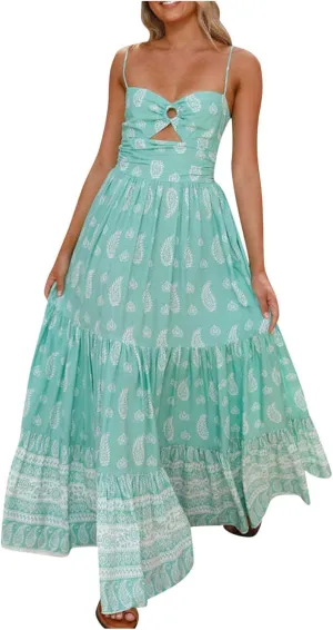 Womens Pleated Flowy Long Dress Belted A-Line Dress Summer Vacation Beach Long Dress Wedding Gueste Party Dresses