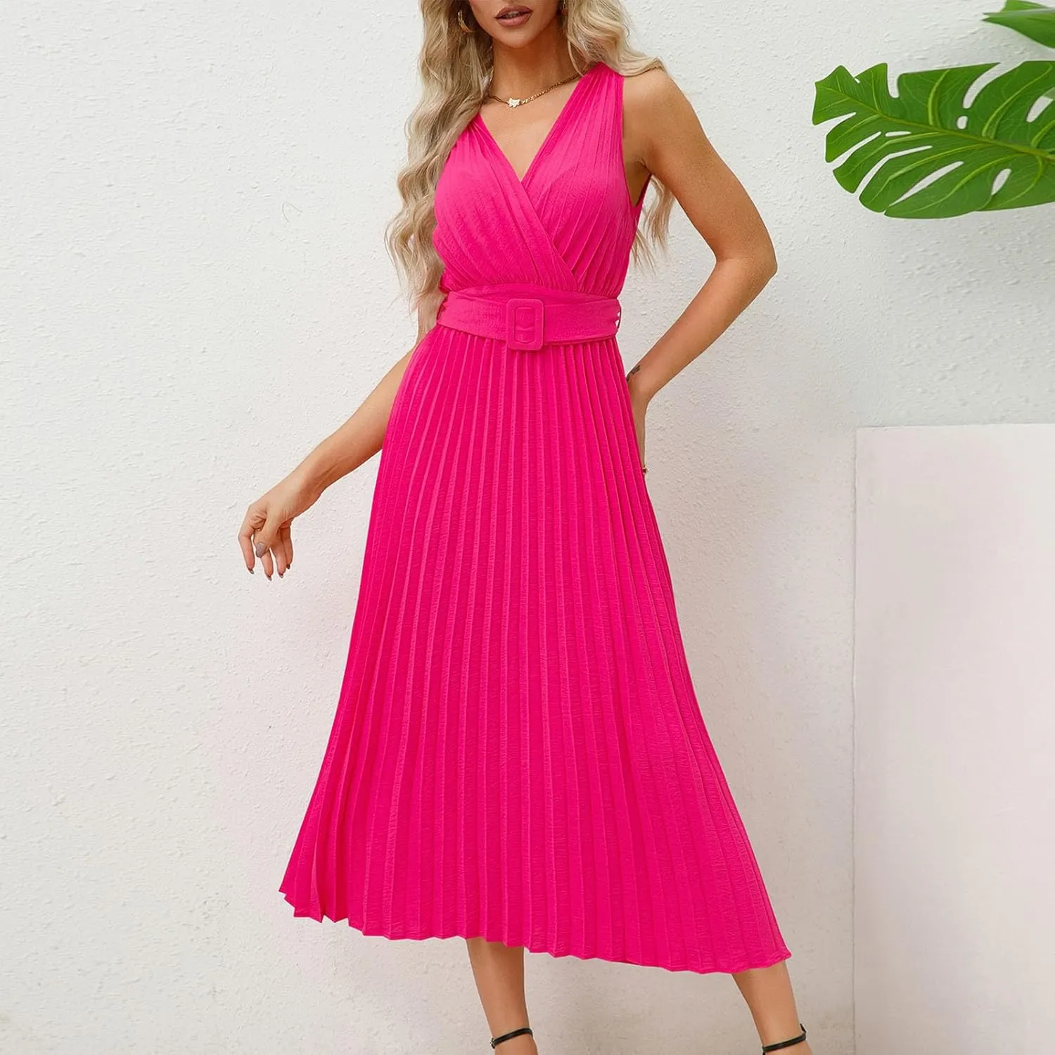 Womens Pleated Flowy Long Dress Belted A-Line Dress Summer Vacation Beach Long Dress Wedding Gueste Party Dresses