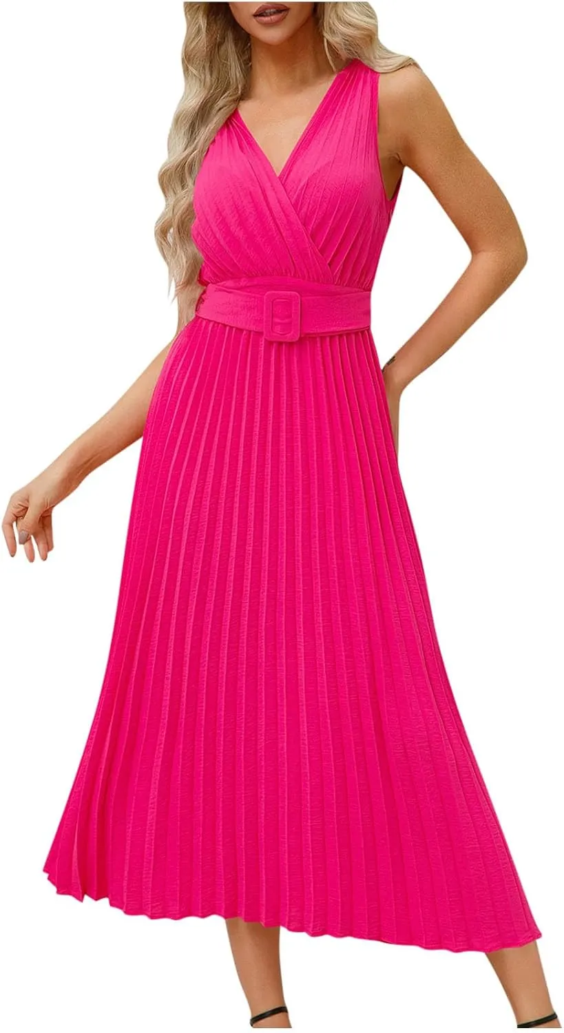 Womens Pleated Flowy Long Dress Belted A-Line Dress Summer Vacation Beach Long Dress Wedding Gueste Party Dresses