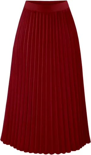 Womens Pleated Midi Skirt High Waist Swing Boho Pleated Skirt Casual Chiffon Elastic A-line Long Skirts