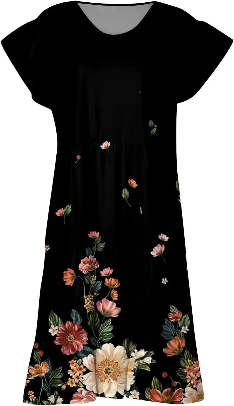 Women's Plus Size Dresses for Curvy Floral Print Short Sleeve Loose Large Hem Tshirt Dresses with Pockets